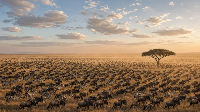 Herds of wildebeest and zebras crossing the Serengeti plains beside an acacia tree