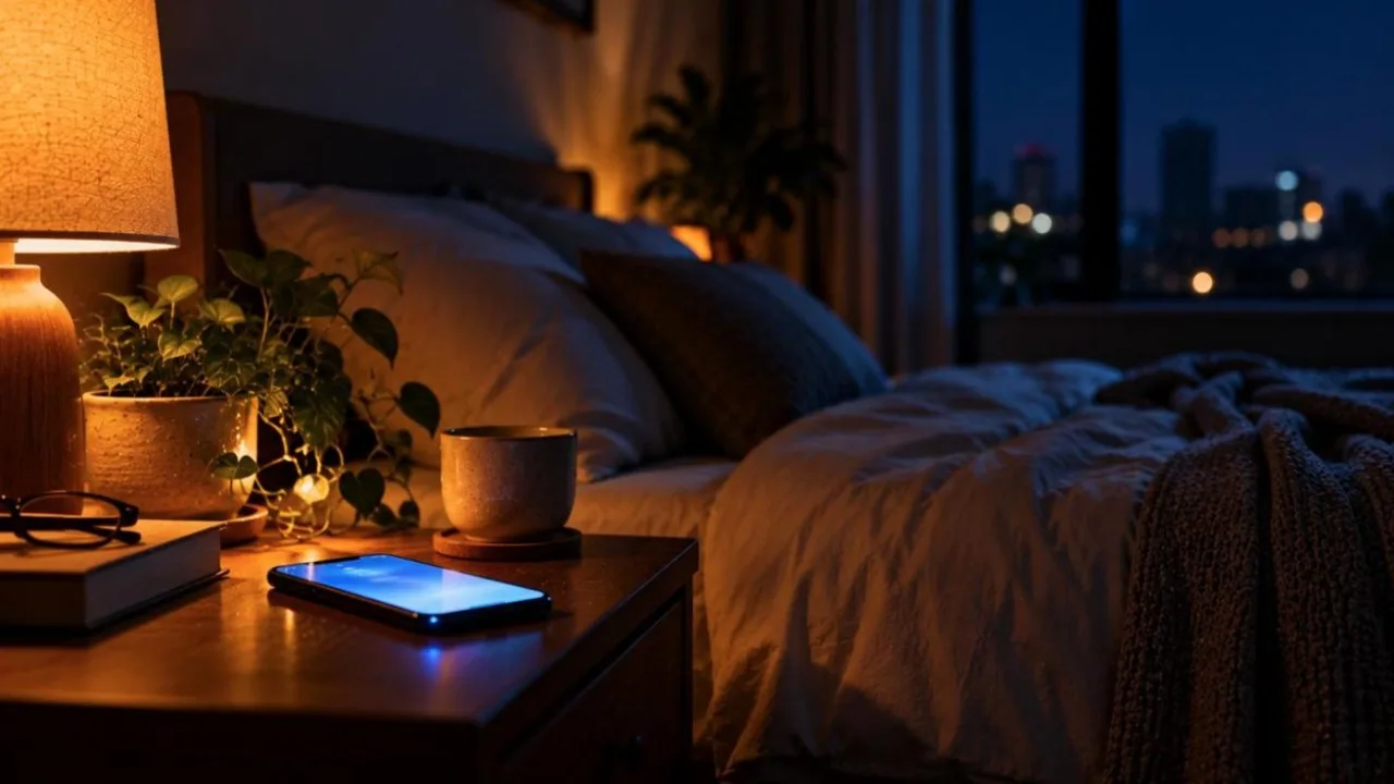 Dark bedroom bedside table with a smartphone glowing blue beside a warm amber reading lamp
