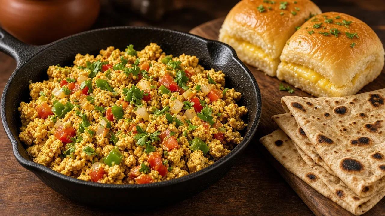 Food photo of paneer bhurji in a cast-iron pan with capsicum and coriander, served with buttered pav and roti