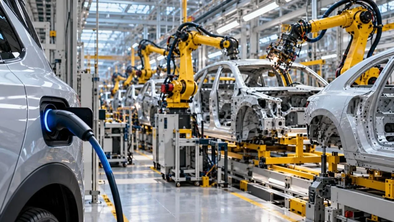 Modern European car assembly line with robotic arms and an electric car charging cable