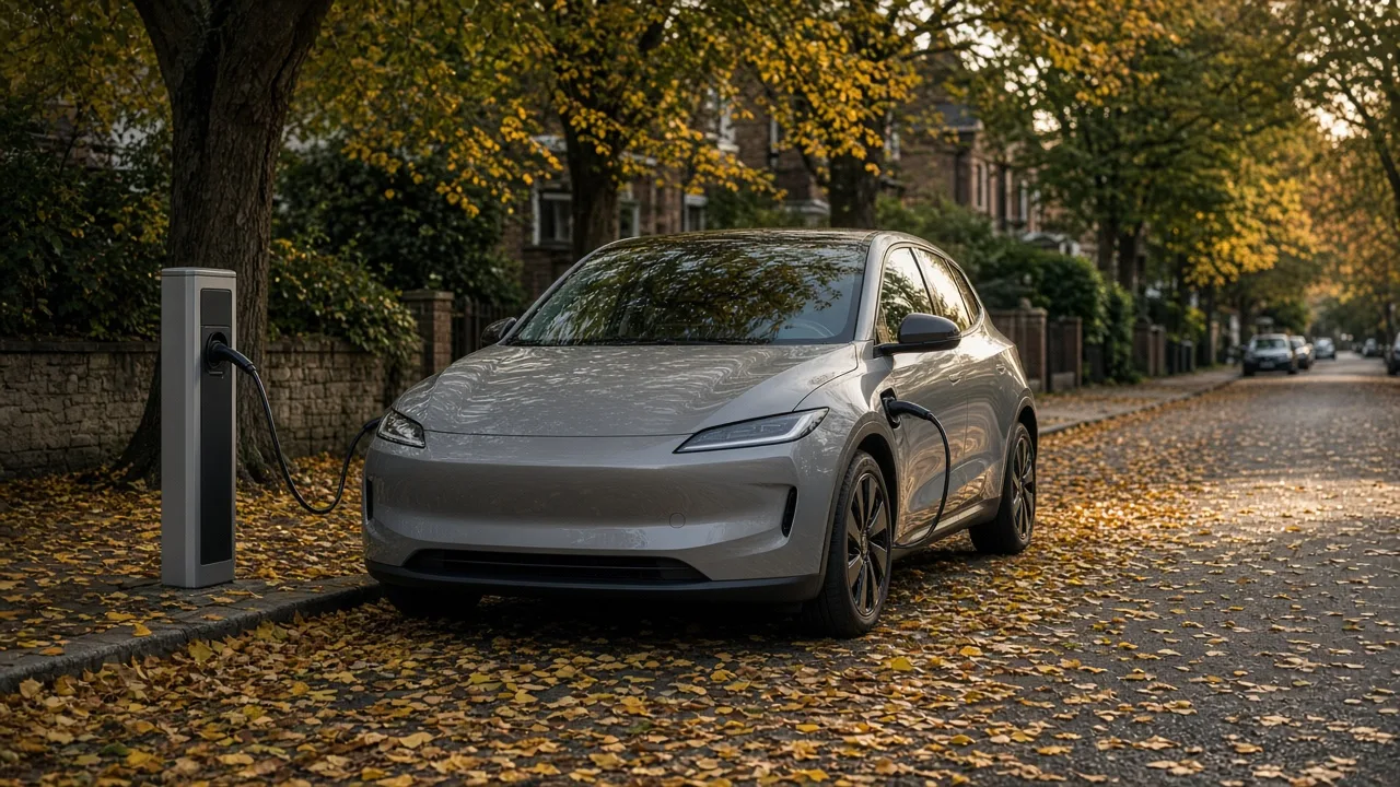 A compact electric hatchback charging at a kerbside charger on a quiet tree-lined residential street