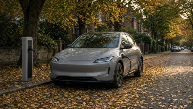 A compact electric hatchback charging at a kerbside charger on a quiet tree-lined residential street