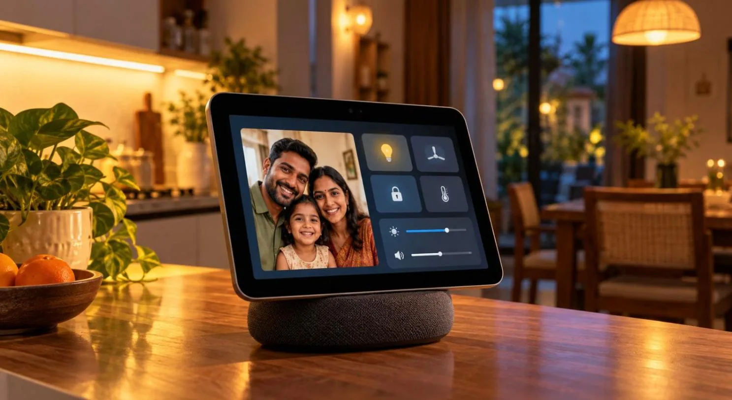 Apple HomeView smart home display on a kitchen counter showing home controls