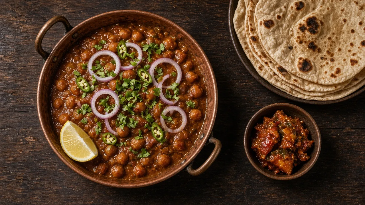 Overhead food photo of a copper kadai of chana masala garnished with onion rings, coriander and a lemon wedge beside rotis