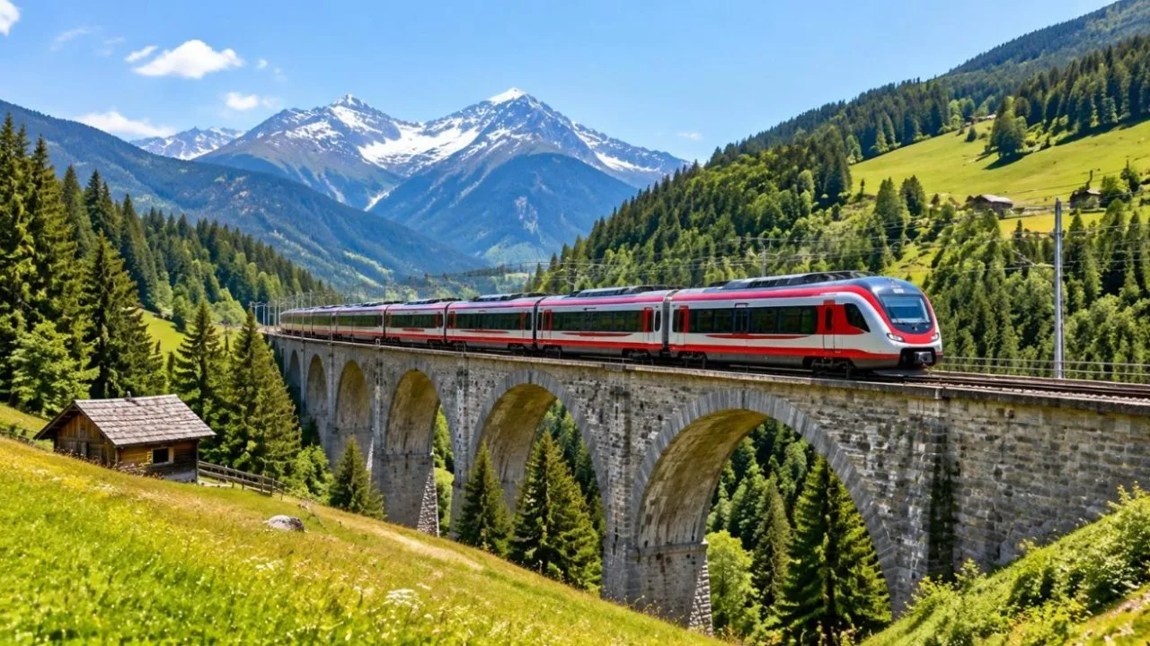 Modern train crossing a stone viaduct through green alpine valleys on a sunny day