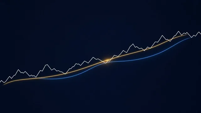 Abstract jagged white price line on dark navy with a fast gold curve and a slower blue curve, the gold curve crossing above the blue one at a softly glowing point