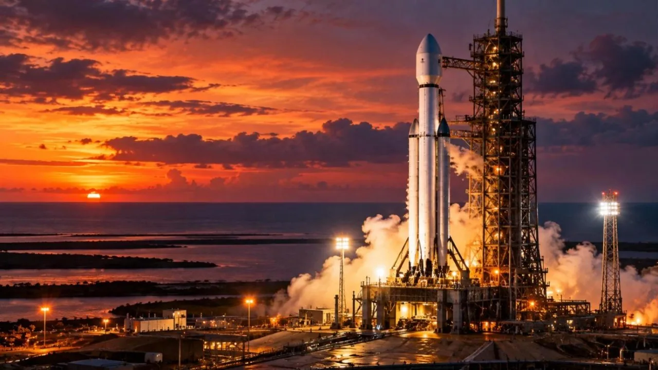 A rocket on a launch pad at dusk with vapour clouds and floodlights