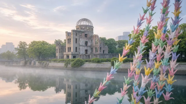 Hiroshima's Genbaku Dome across the river with colourful strings of paper cranes in the foreground, a symbol of peace