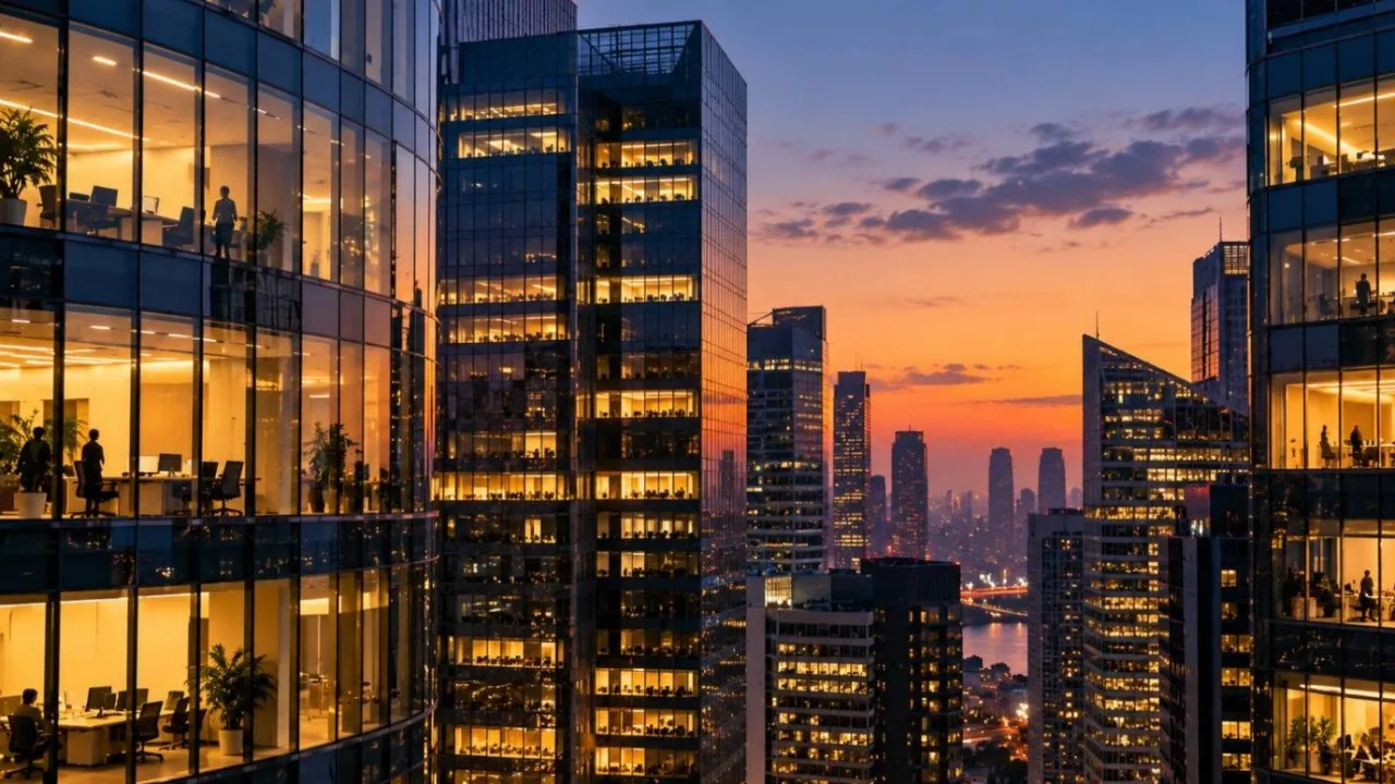 Modern glass office towers at dusk with lit windows in a business district