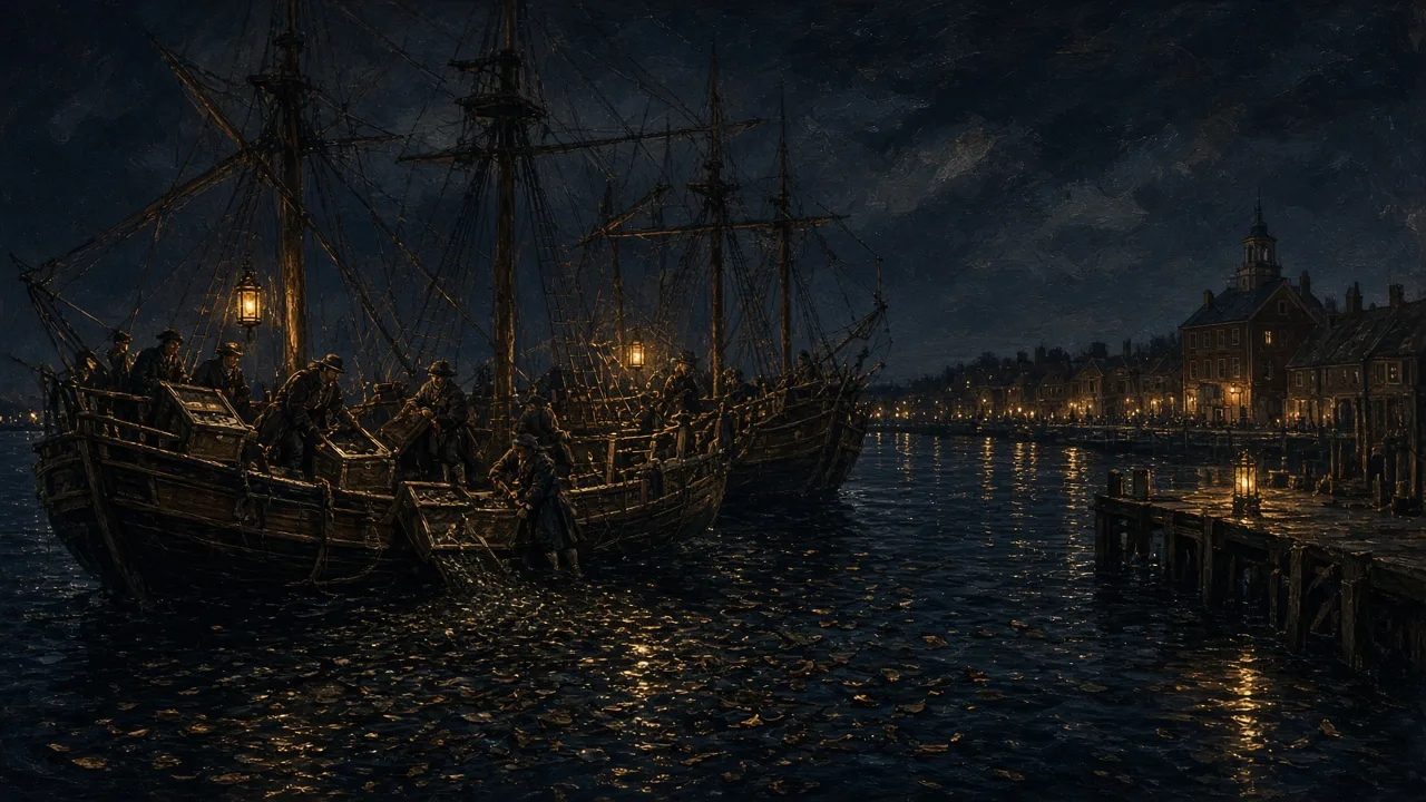 Tea chests being dumped from sailing ships into Boston Harbour at night, illustrating the American Revolution