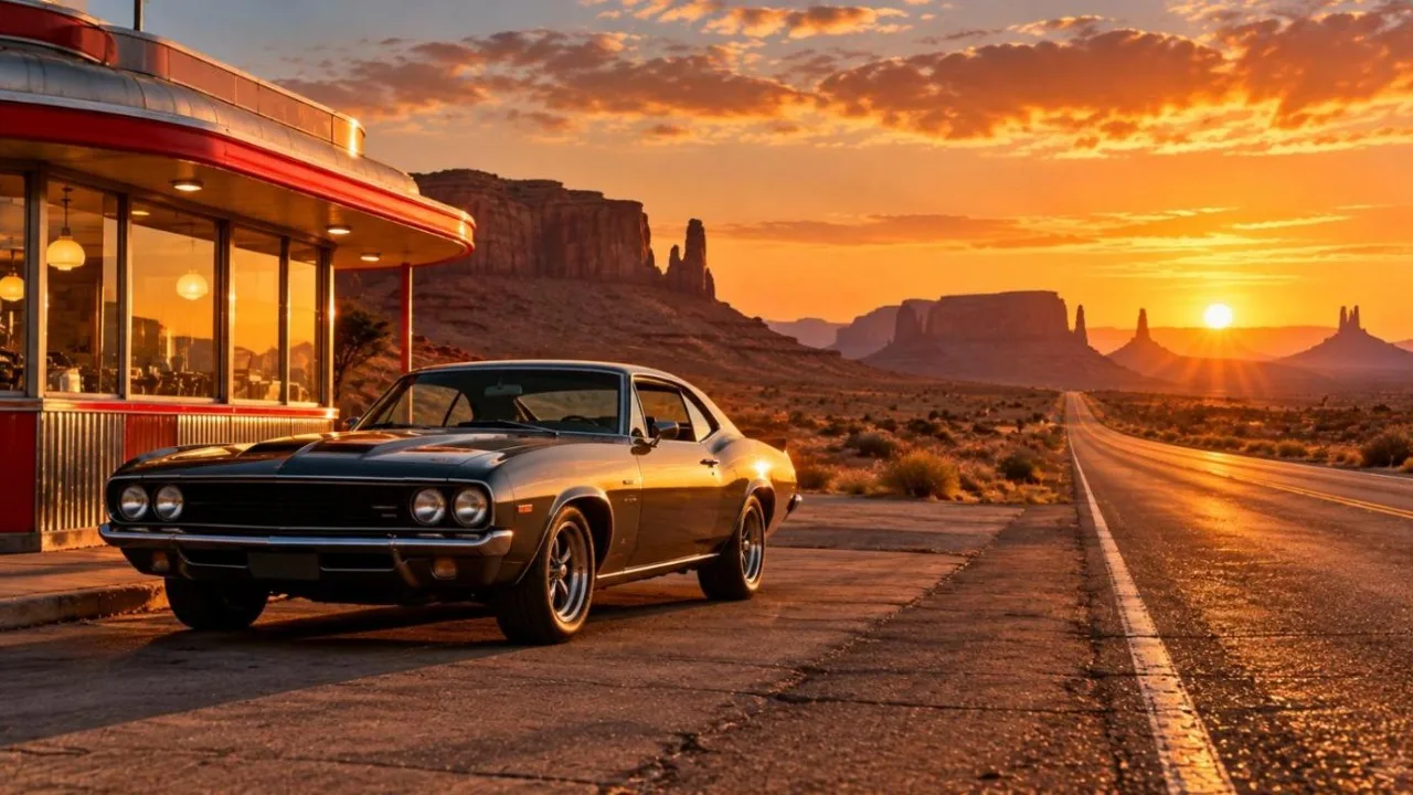 Classic muscle car parked by a retro diner on a desert highway at golden hour