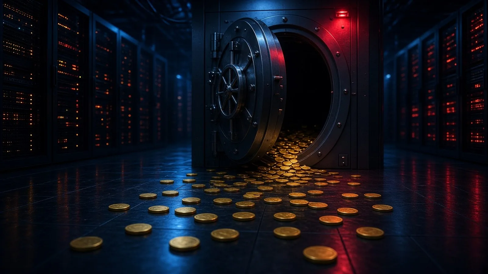 An open steel vault door in a dark server room with gold coins spilling across the floor