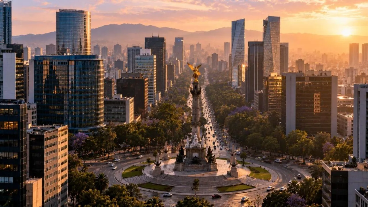 Mexico City financial district with modern towers and a large roundabout monument at dawn