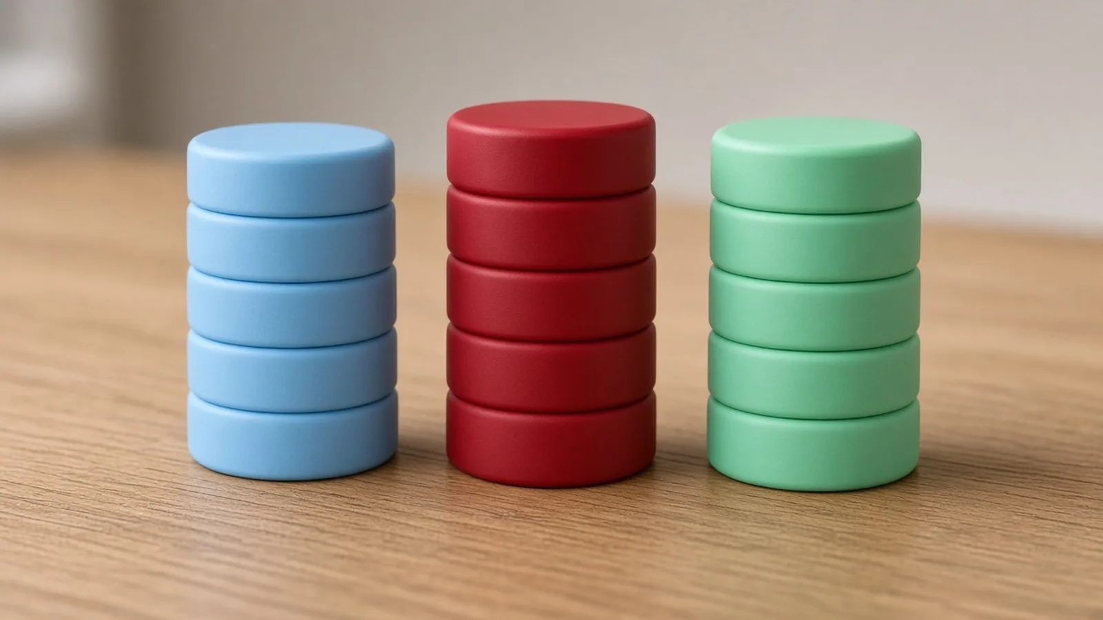 Three neat stacks of smooth rounded building blocks in sky blue, crimson red and mint green on a light oak table under soft studio light