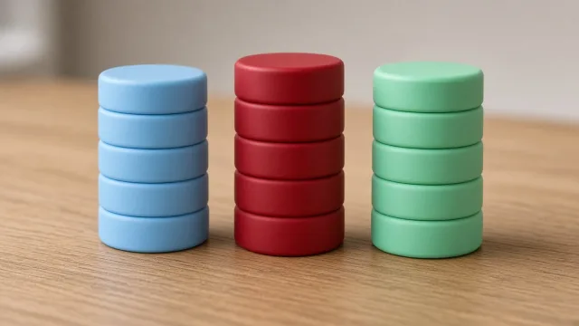 Three neat stacks of smooth rounded building blocks in sky blue, crimson red and mint green on a light oak table under soft studio light