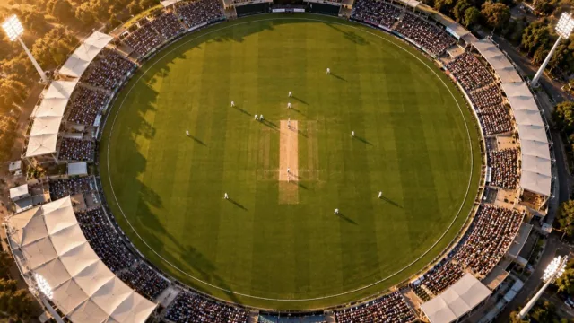 An aerial view of a cricket ground with fielders positioned around the oval outfield