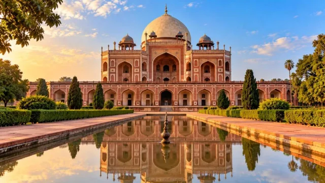 Humayun’s Tomb in Delhi with its white marble dome and red sandstone facade reflected in a water channel
