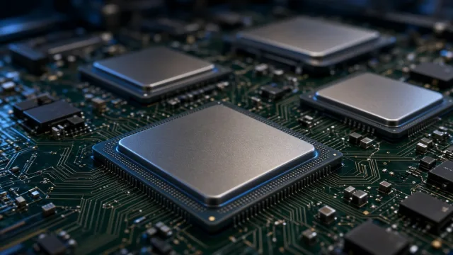 Close-up of unmarked AI accelerator chips on a dark green server circuit board under blue light