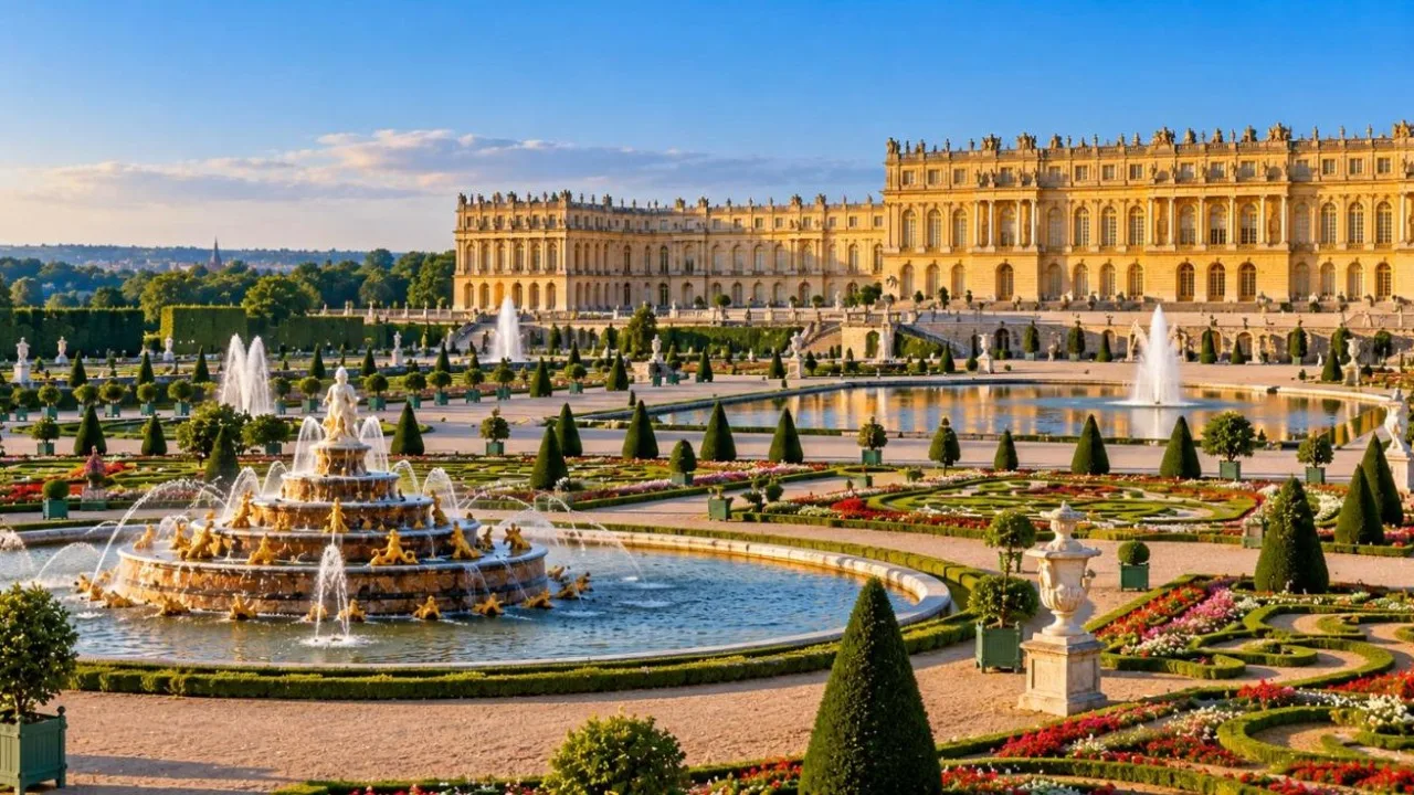 Palace of Versailles gardens with fountains and geometric flowerbeds in morning light