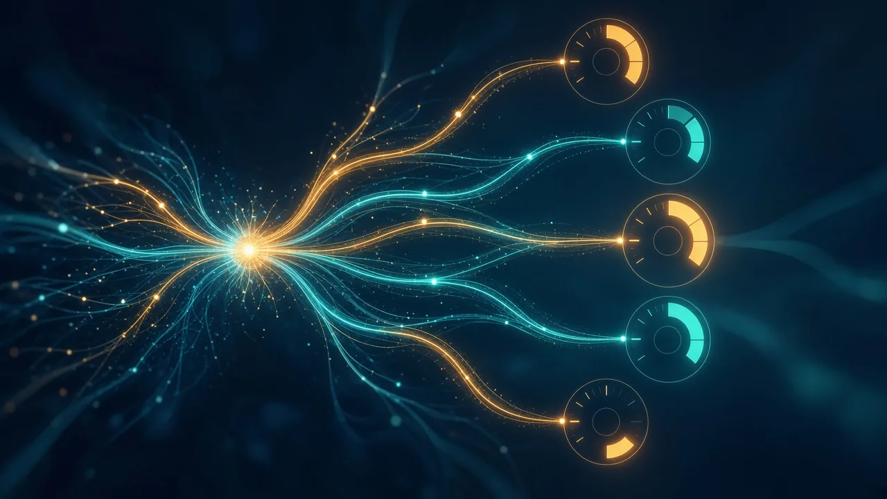 Abstract network of glowing decision paths ending in gauges, representing an AI model that returns probabilities