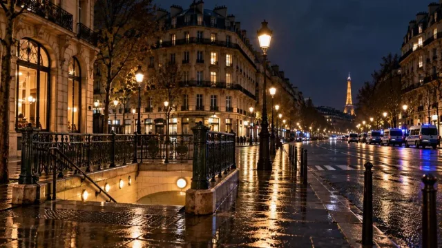 An empty Paris boulevard at night with a closed metro entrance and wet streets