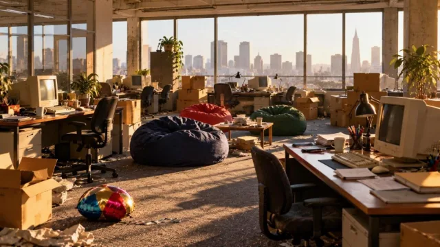 Empty late-1990s startup office with bean bags, boxes and old monitors and a deflated balloon on the floor
