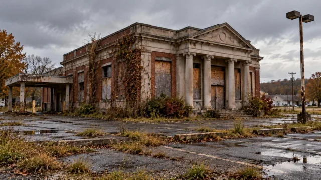 Abandoned small-town savings bank building with boarded windows and an overgrown car park