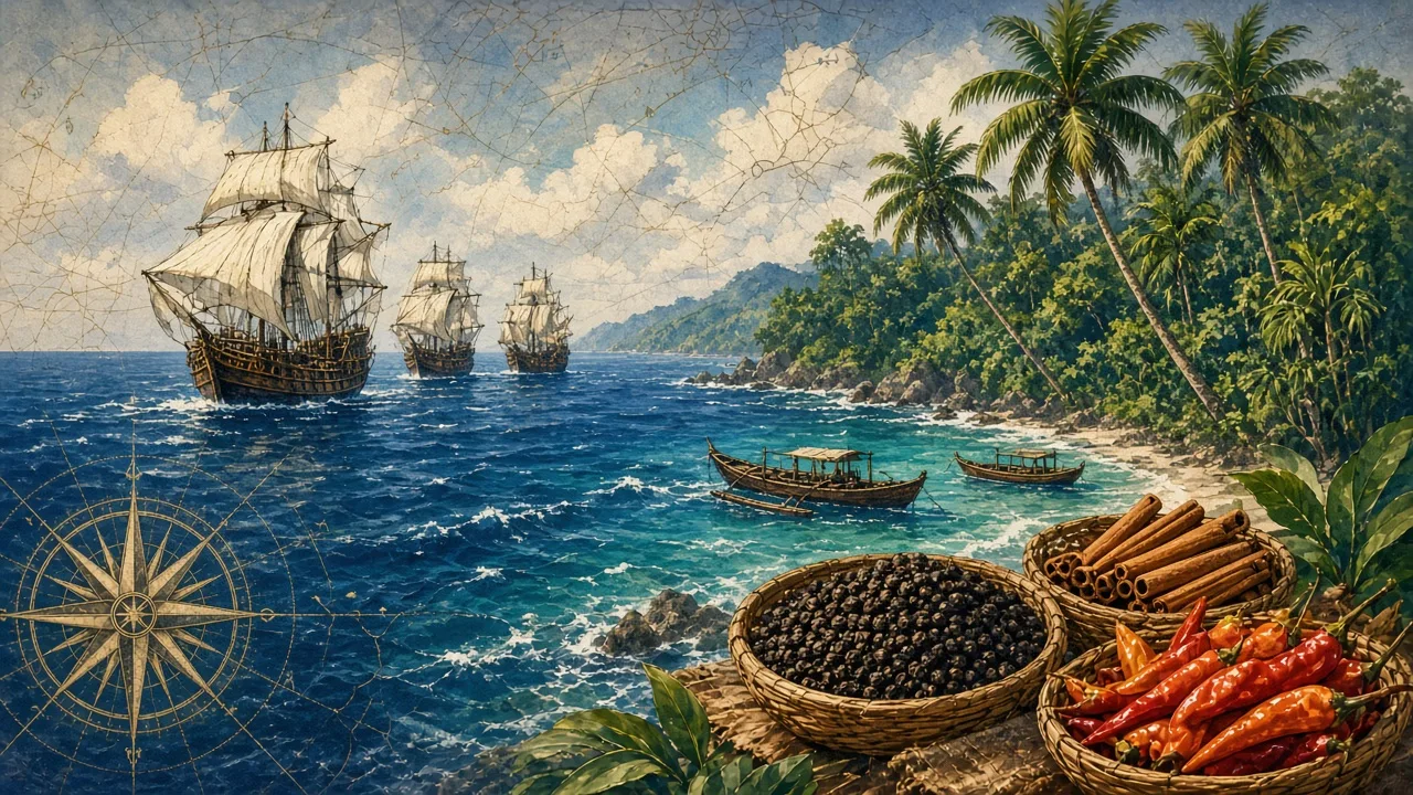 Old sailing ships approaching a palm-lined tropical coast with baskets of spices, illustrating the Age of Exploration and the voyage to Calicut