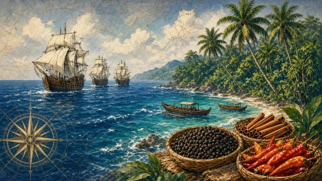 Old sailing ships approaching a palm-lined tropical coast with baskets of spices, illustrating the Age of Exploration and the voyage to Calicut