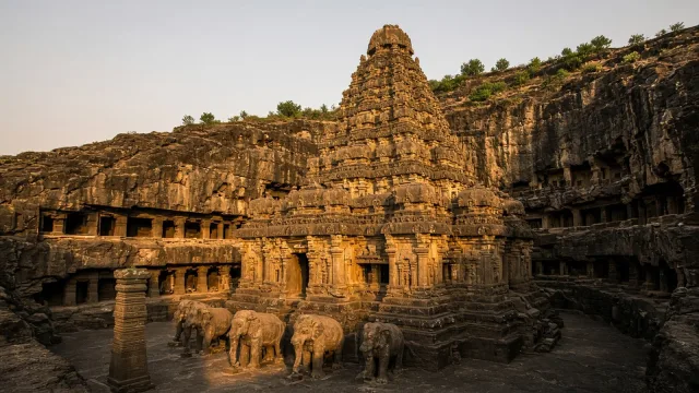 The monolithic Kailasa temple at Ellora carved into a basalt hillside: its towered shrine above a row of stone elephants, a carved pillar at left and cliff galleries in warm golden light