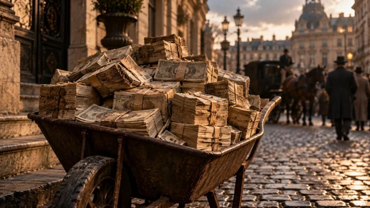 Bundles of old 1920s banknotes piled high in a wheelbarrow on a cobbled European street