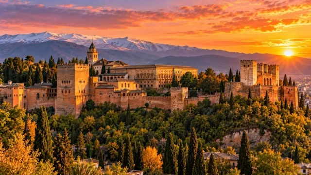 The Alhambra palace in Granada at sunset with snowy Sierra Nevada mountains behind