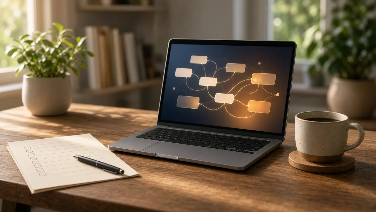 A person at a kitchen table planning a home move on a laptop while a soft glowing assistant interface hovers beside a checklist