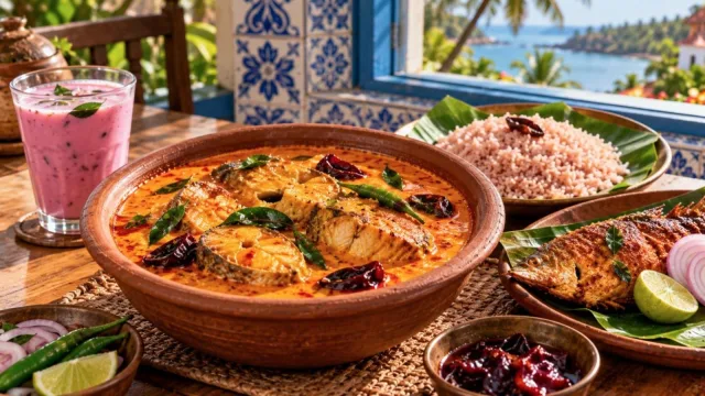 Orange Goan coconut fish curry with kingfish, rice and kokum on a table near a Goan window