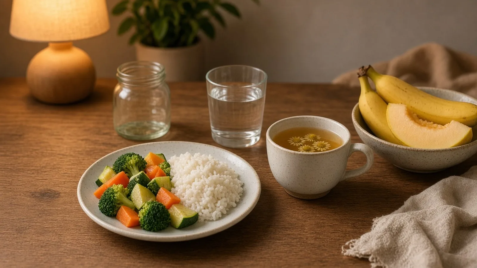 Light dinner of steamed vegetables and rice with herbal tea, water, bananas and melon on a wooden table