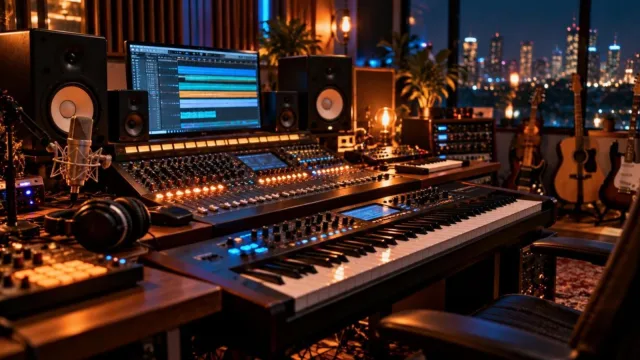 A modern music studio at night with a keyboard synthesizer and glowing mixing console