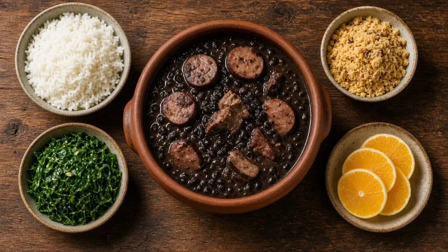 A clay pot of Brazilian feijoada with black beans and pork, alongside rice, collard greens, farofa and orange slices