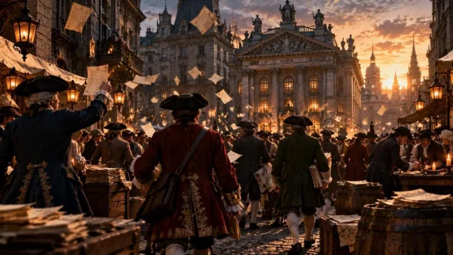 Crowded 18th-century European street of merchants and traders in period dress with papers in the air