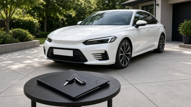 Editorial illustration of a freshly washed car with a set of keys and a folder of documents in front