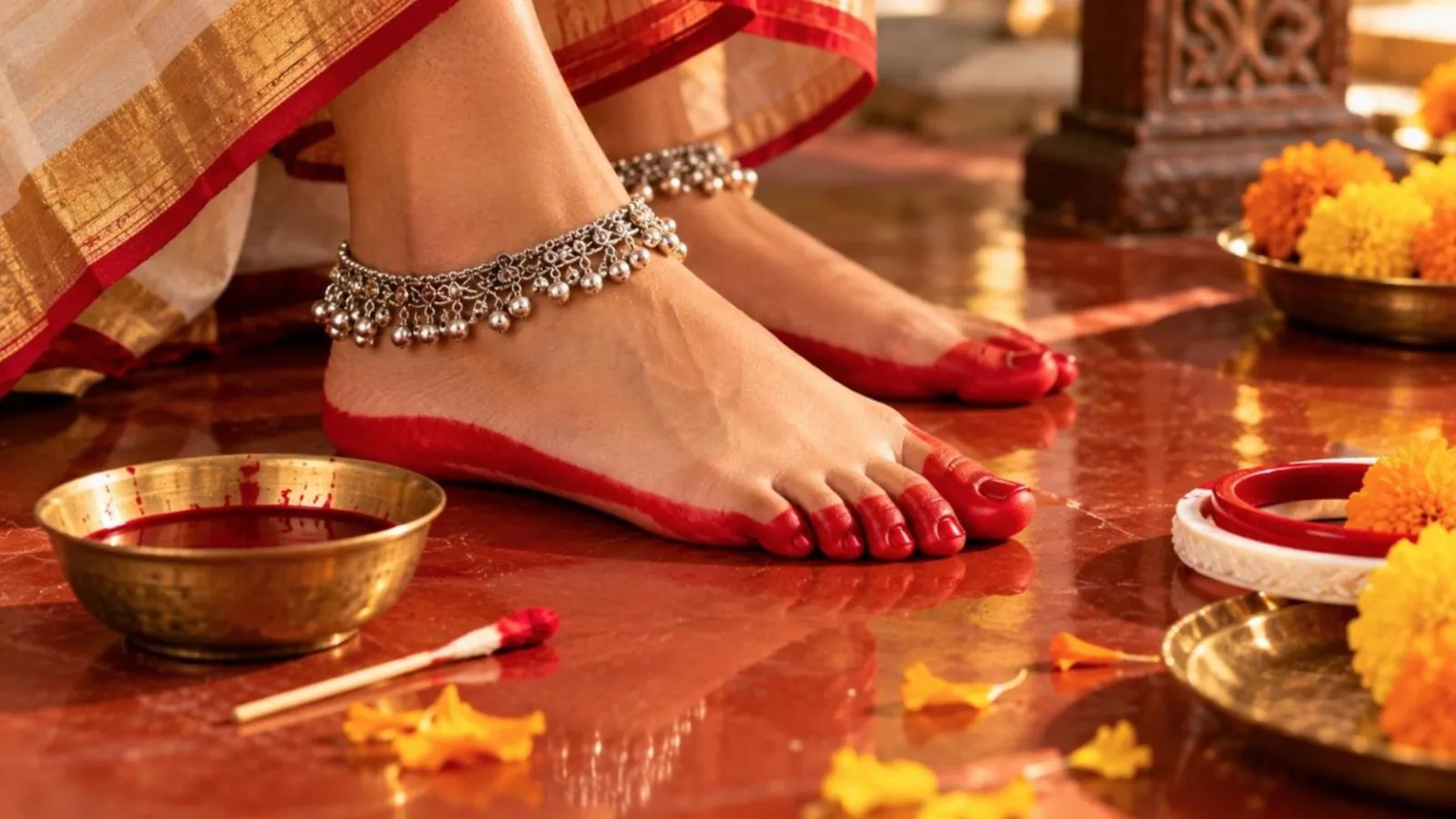 Feet painted with red alta beside a bowl of red liquid, cotton swabs, anklets and marigold flowers