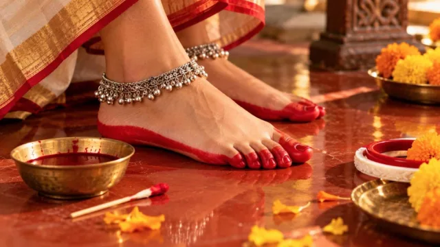 Feet painted with red alta beside a bowl of red liquid, cotton swabs, anklets and marigold flowers
