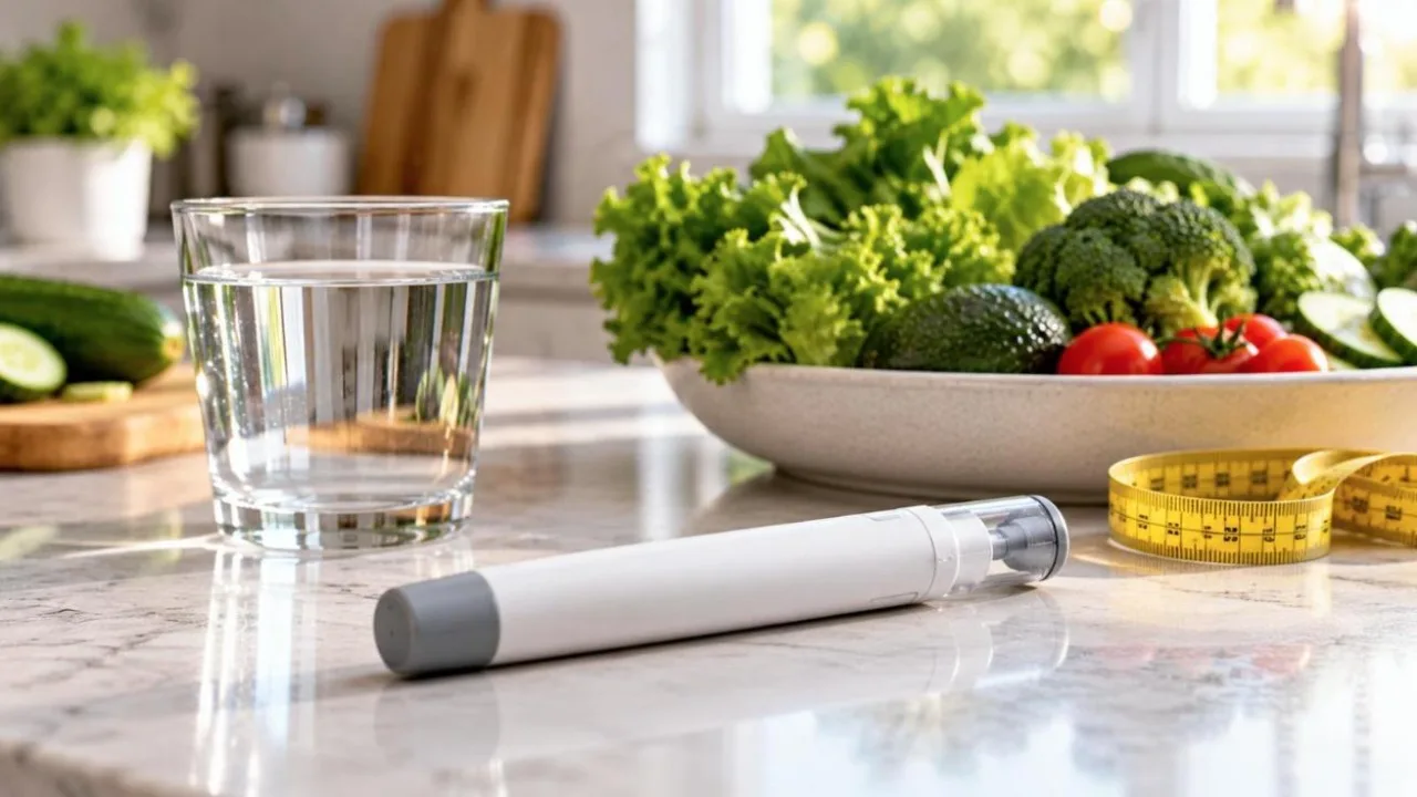 Medication injection pen and a glass of water on a bright kitchen counter beside fresh vegetables