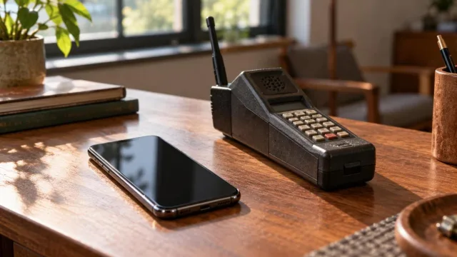 Modern smartphone with a blank screen beside an old brick-shaped 1980s mobile phone on a desk
