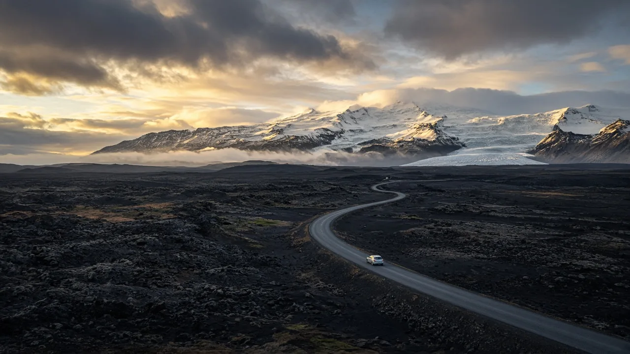 A lone car on Iceland's Ring Road crossing a lava plain towards snowy mountains and a glacier