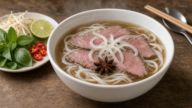 A bowl of Vietnamese beef pho with rice noodles, rare beef slices, herbs, bean sprouts and lime