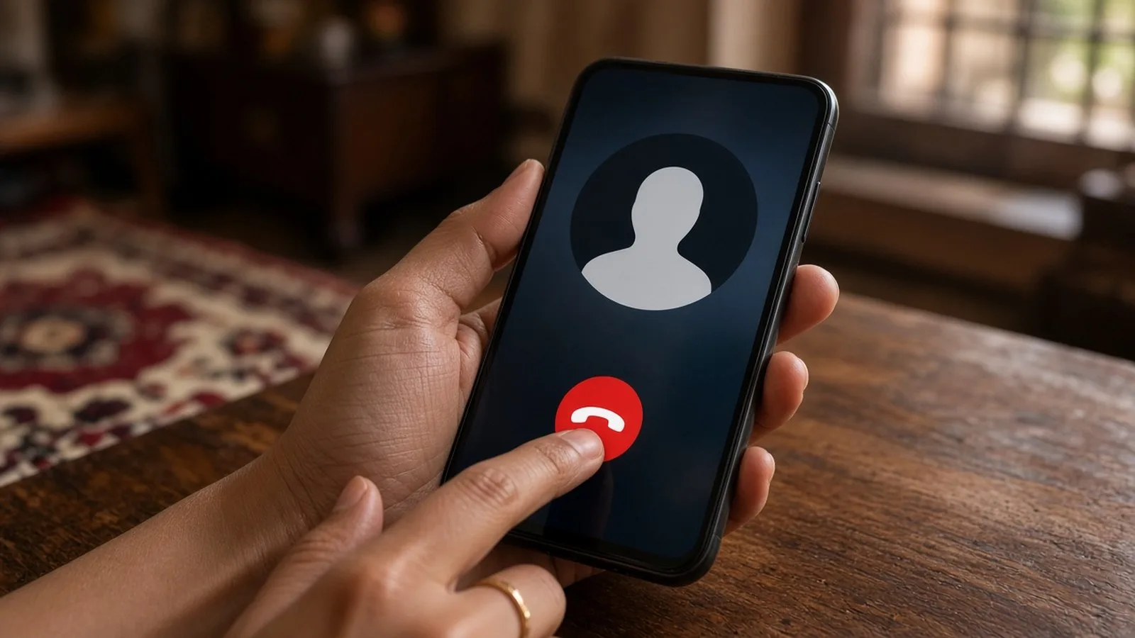 Hand pressing the red end-call button on a phone showing an incoming video call
