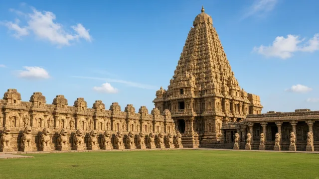 A Pallava-style sandstone temple: a tall tiered pyramidal vimana beside an enclosure wall of small sub-shrines lined with rows of seated yali lion sculptures and a pillared cloister, with a green lawn