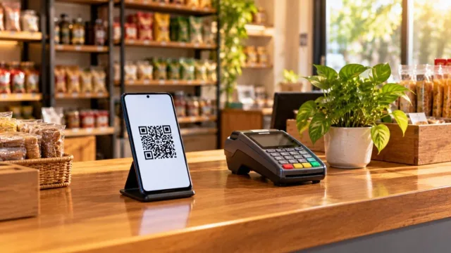 Shop counter with a QR code stand, card payment machine and a plant
