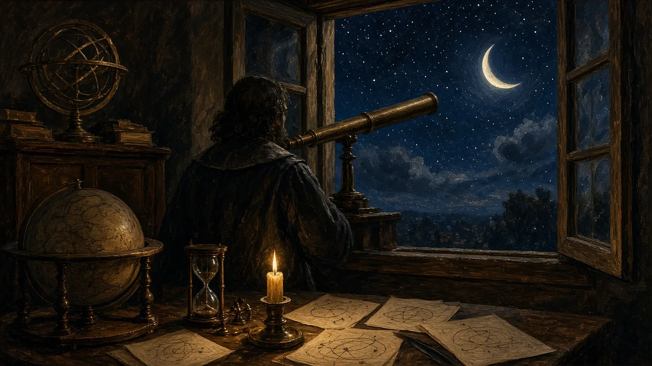 A candlelit 17th-century study with a brass telescope aimed at the night sky and planetary diagrams on the desk, illustrating the Scientific Revolution
