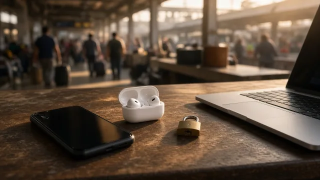 Cafe table at a station with a phone, wireless earbuds, a laptop and a small padlock